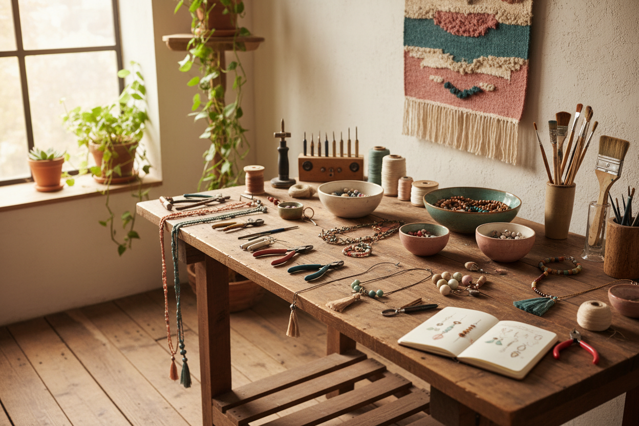 Creative artisan workspace corner. Wooden table with jewelry tools, pliers, beads in ceramic bowls, threads, wood-burning tool, paint brushes, work in progress pieces. Soft window light. Plants background. Warm authentic studio atmosphere. Natural wood, cream, dusty rose, teal. No person visible.